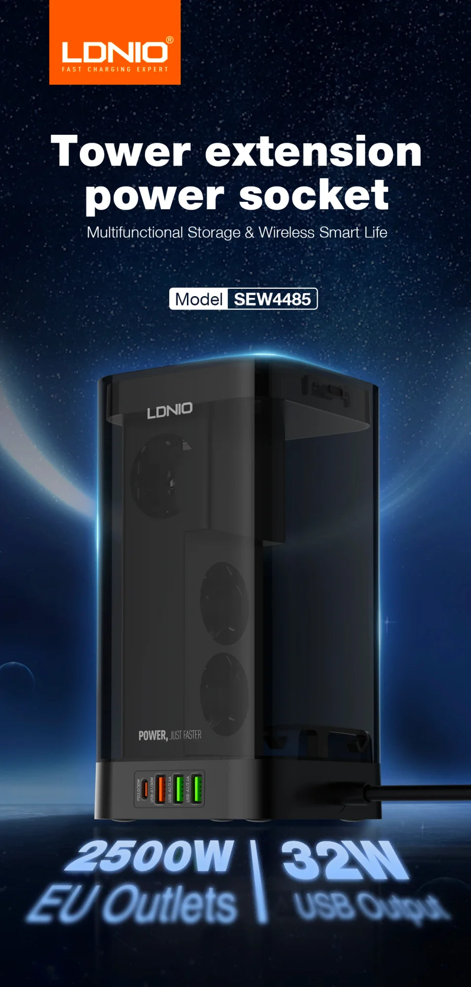 LDNIO SEW4485 2500W Tower Power Strip with 4 EU Sockets, 4 USB Ports & 15W Wireless Charger - Thumbnail 7