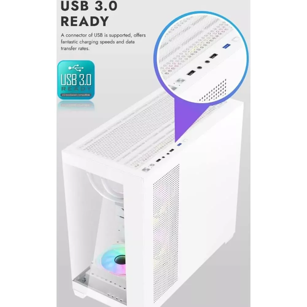 كيس كمبيوتر Aigo C218M ميد تاور Micro-ATX مع 3 مراوح وباور سبلاي AE650 بقدرة 650W بشهادة 80+ Bronze - أبيض - Image 3