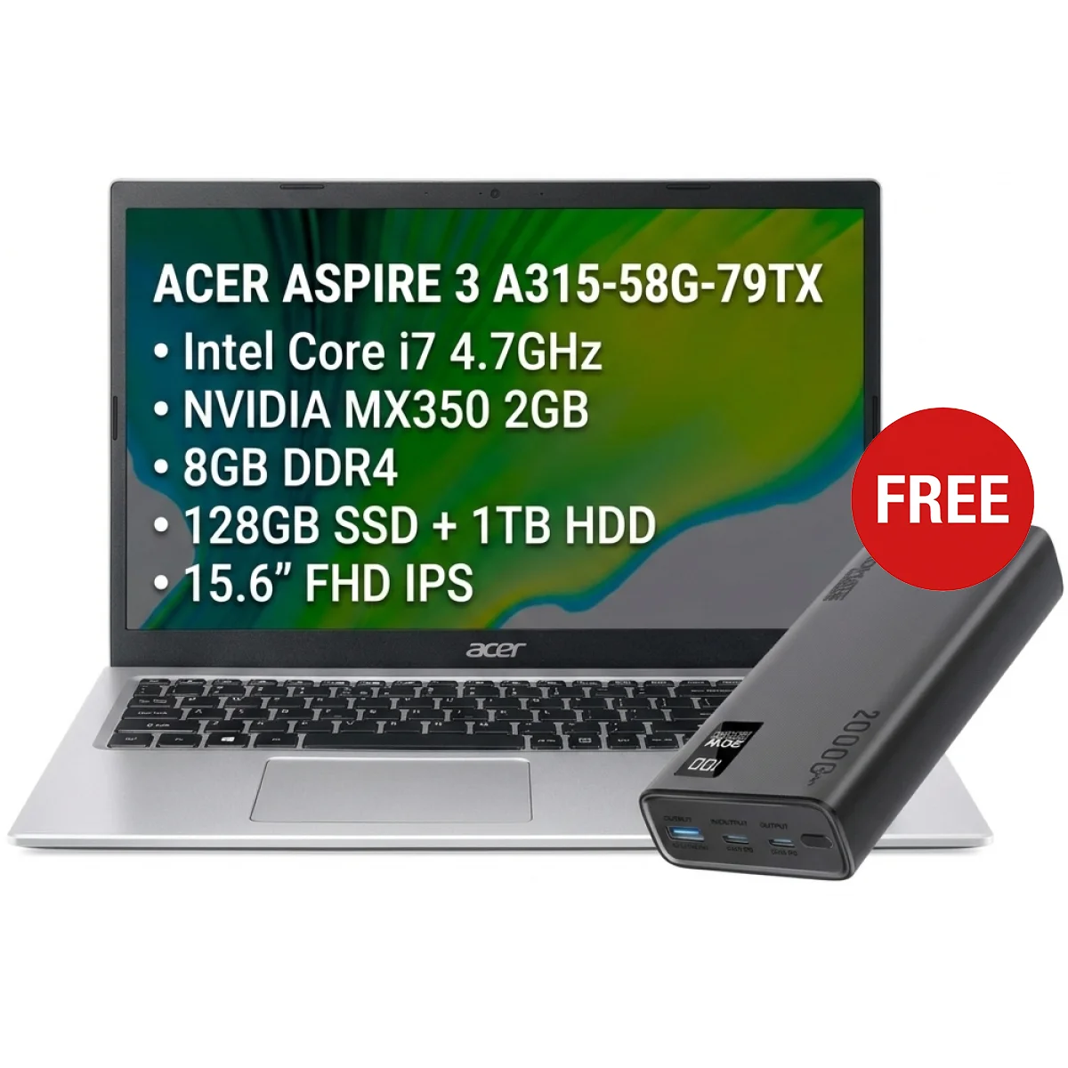 Acer Aspire 3 A315-58G-79TX 15.6-Inch FHD Laptop, Core i7 4.7GHz, 8GB RAM, 128GB SSD + 1TB HDD, MX350 2GB, with Promate 20000mAh Power Bank