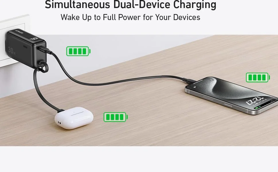 باور بانك Anker A1636H11 سعة 5000mAh 3 في 1 مع كابل USB-C مدمج وقابس AC قابل للطي وشحن 30W - أسود - Thumbnail 9