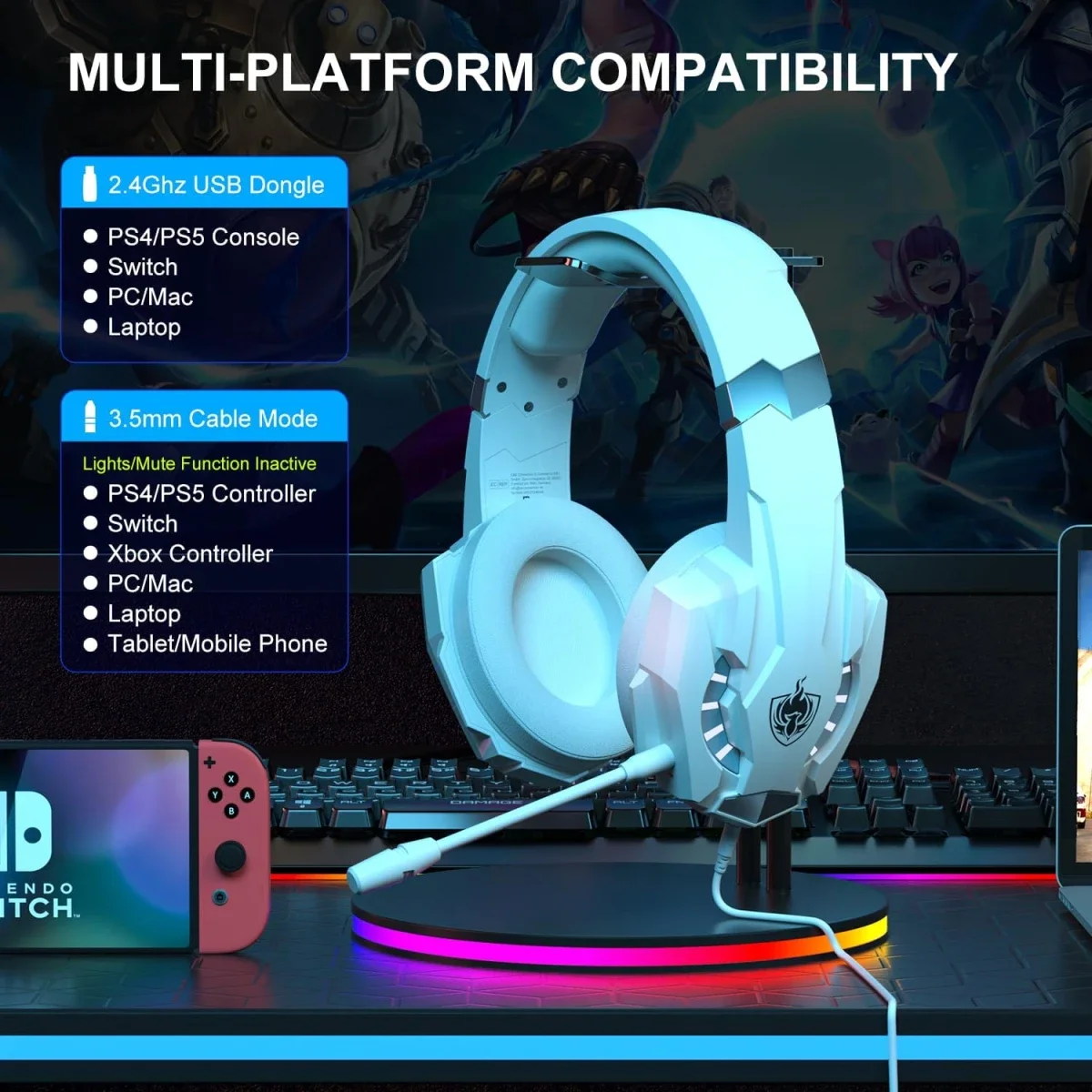 PHOINIKAS Wireless Gaming Headset with Detachable Mic, 2.4G, 7.1 Sound, White - Image 5