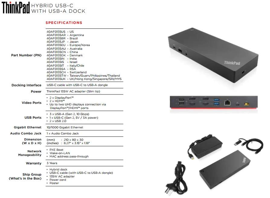 محطة لمجموعة واسعة من المنافذ Lenovo ThinkPad Universal Hybrid USB-C مع محول USB-A لأجهزة اللابتوب - Thumbnail 3