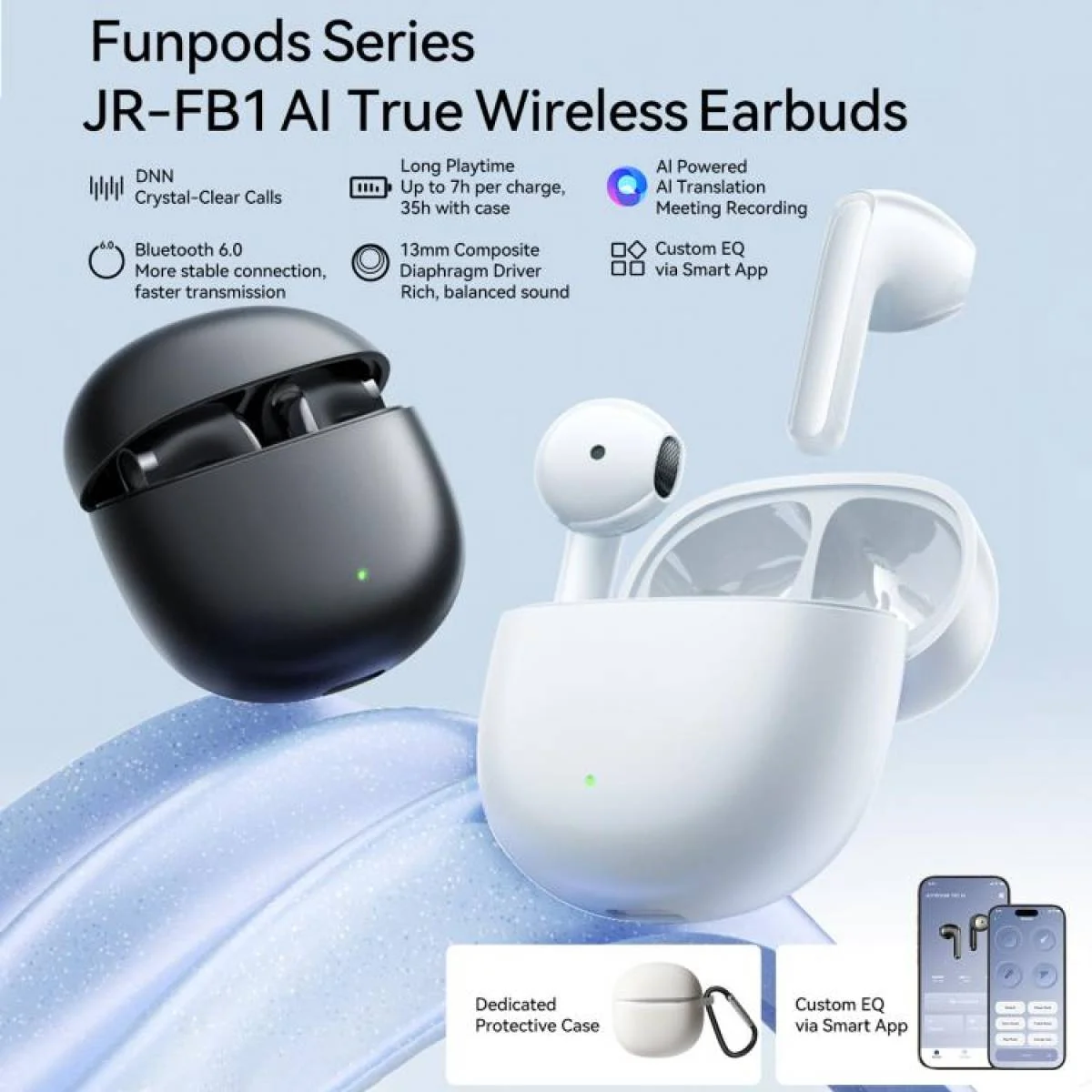 سماعات JOYROOM FunPods JR-FB1 AI لاسلكية بتقنية BT 6.0 وتشغيل 35 ساعة، أبيض - Image 3