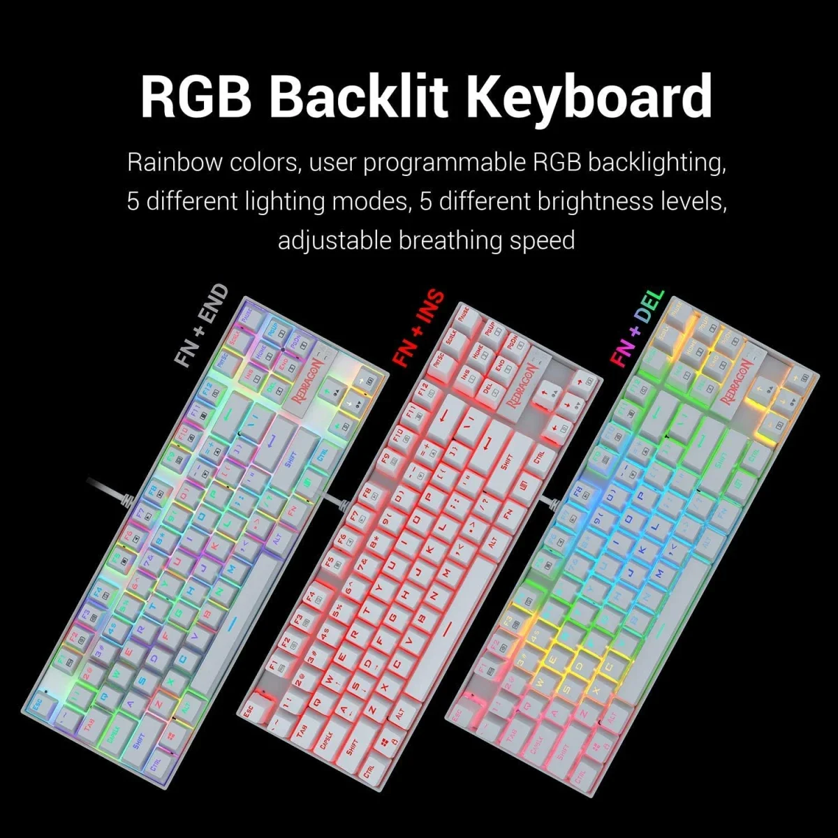 Redragon K552 Kumara White RGB Mechanical Gaming Keyboard, 87 Keys, Blue Switches - Thumbnail 3