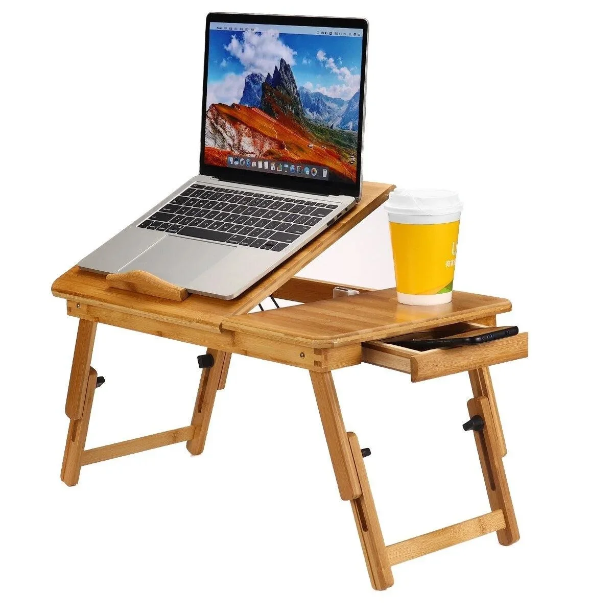 Bamboo Wooden Laptop Table with Drawer and Two Cooling Fans - Image 3