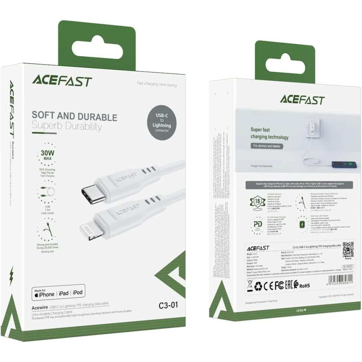 كابل شحن ونقل بيانات USB-C إلى Lightning ACEFAST C3-01 بطول 1.2 متر أبيض - Thumbnail 7