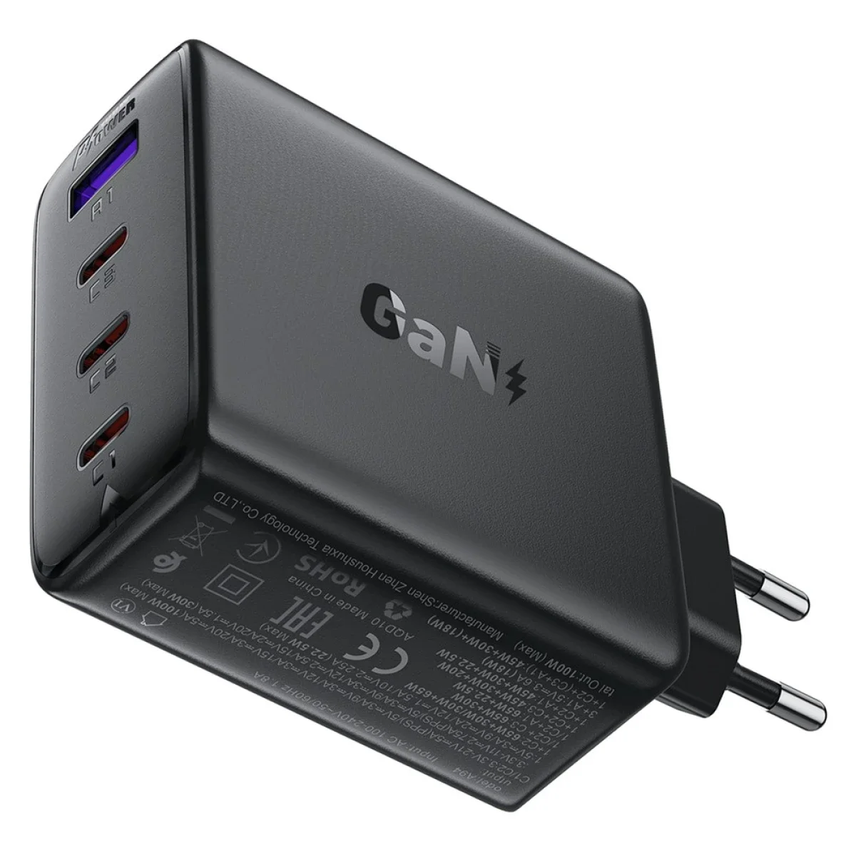 شاحن جداري ACEFAST A94 بقوة 100 واط GaN وPD مع 3 منافذ USB-C ومنفذ USB-A، قابس أوروبي، أسود - Thumbnail 2