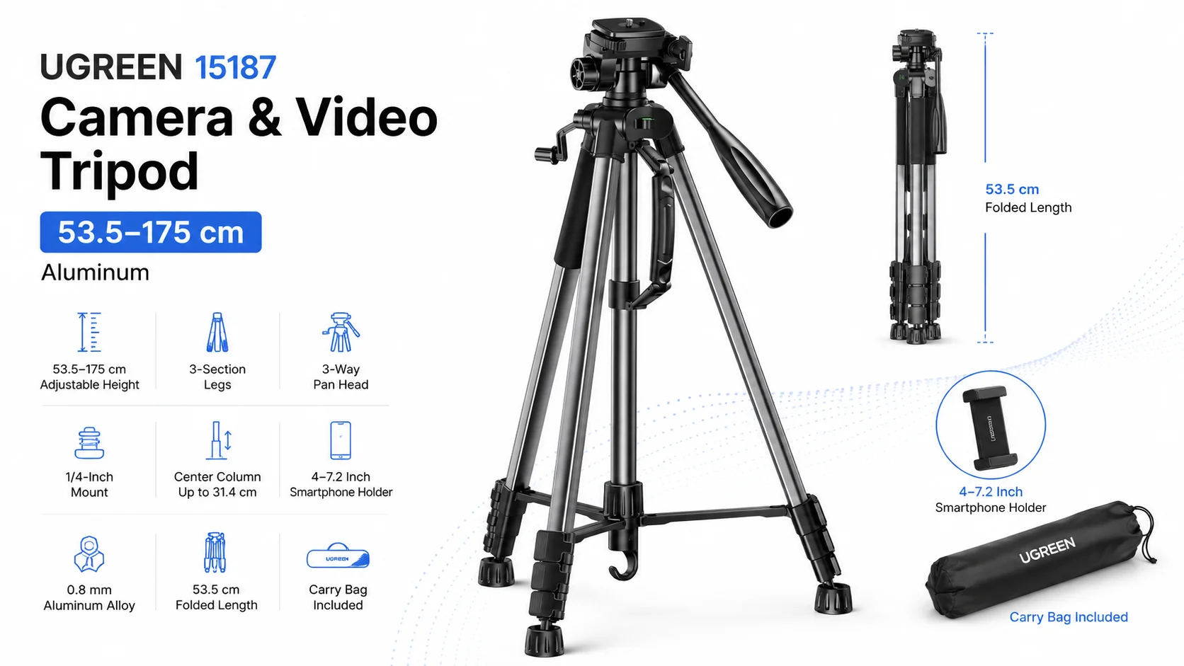 Ugreen 15187 Aluminum Camera & Video Tripod, 53.5-175 cm - Image 10