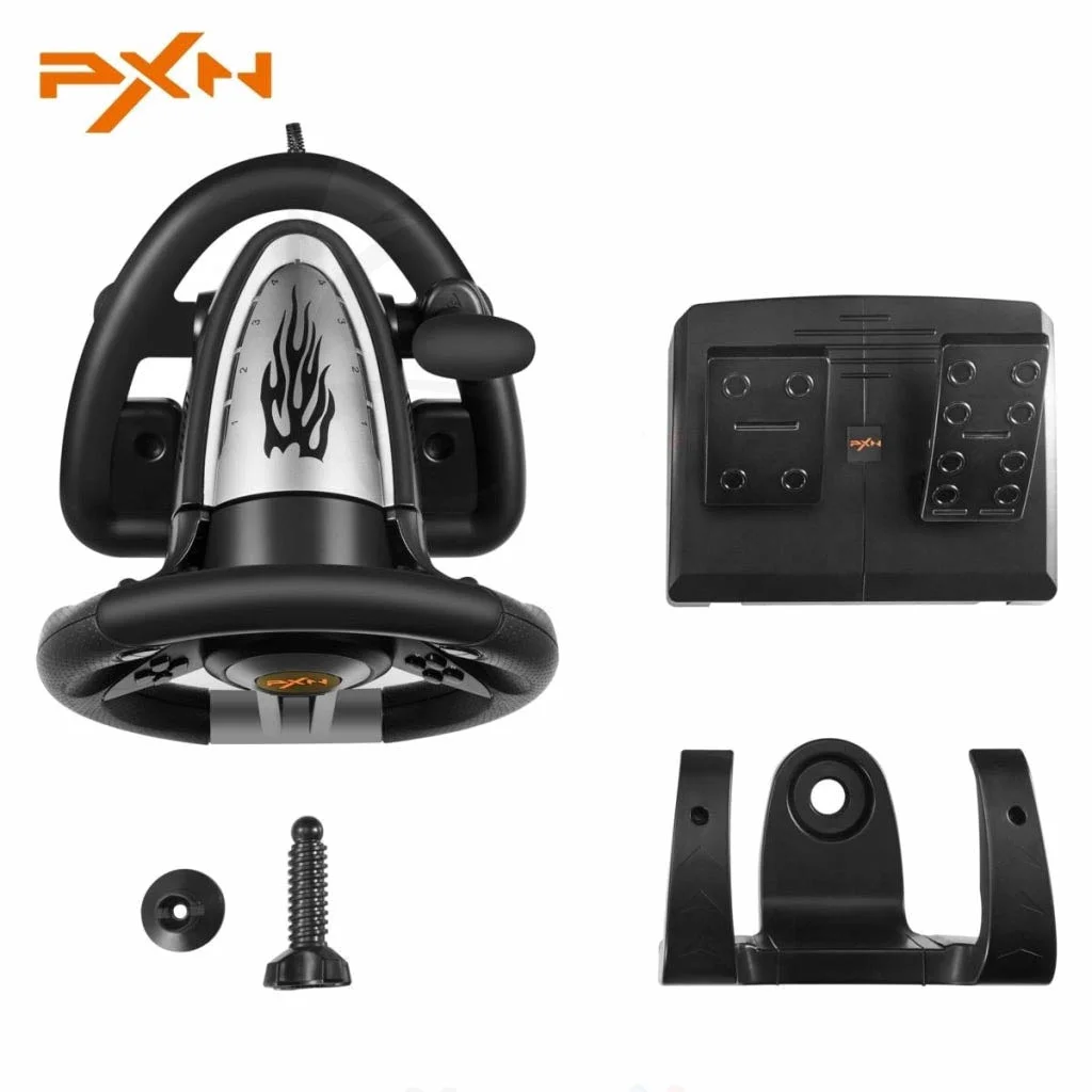 مقود ألعاب PXN V3 Pro بزاوية 90/180 درجة مع دواسات - أسود - Thumbnail 5