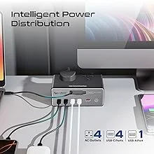 محطة شحن Promate PowerBrix-160 GaNFast بقدرة 160 واط مع 4 مقابس AC وكابل USB-C قابل للسحب - رمادي - Thumbnail 16