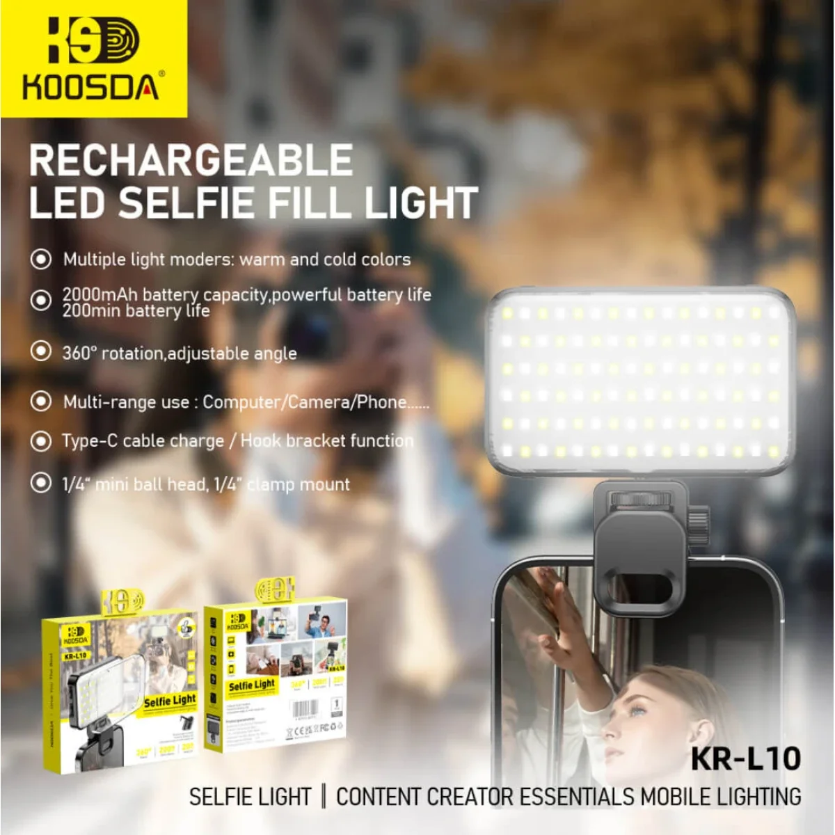 KOOSDA KR-L10 Portable USB Rechargeable Selfie Fill Light with 2000mAh Battery