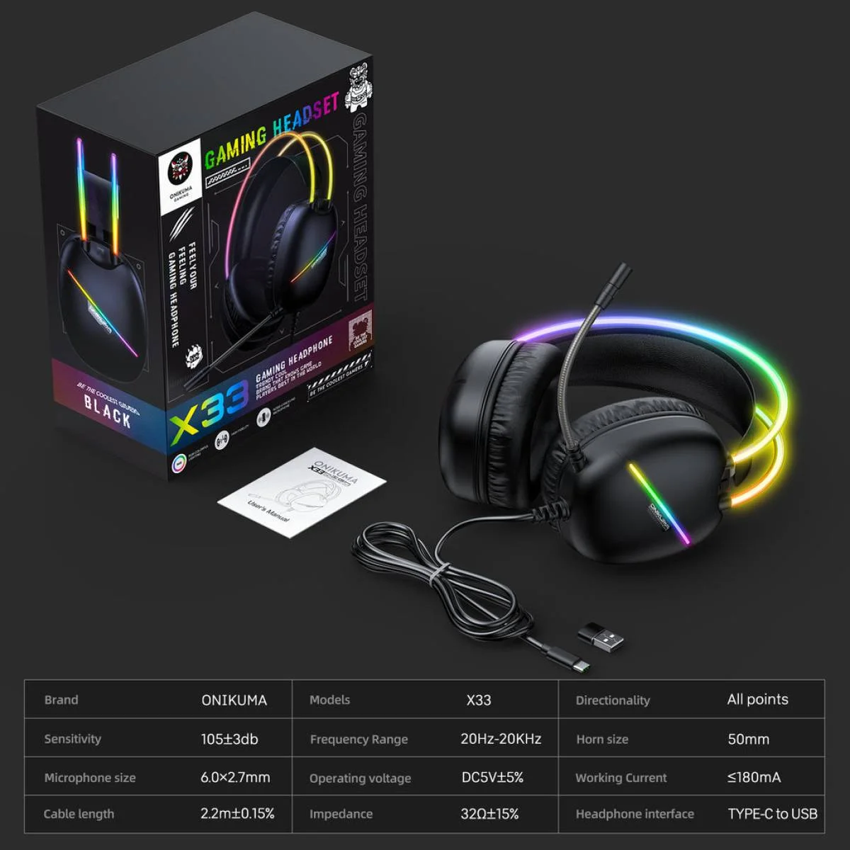 سماعة ألعاب ONIKUMA X33 سلكية USB-C مع مايك وإضاءة RGB - أسود - Image 8