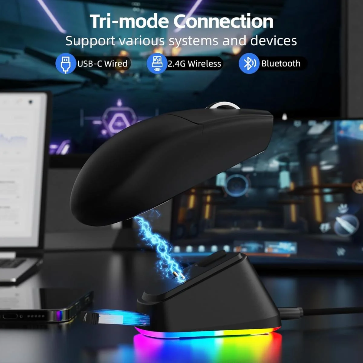 ماوس ألعاب لاسلكي ATTACK SHARK G3PRO مع قاعدة شحن RGB ودقة 25K DPI، أسود - Image 2