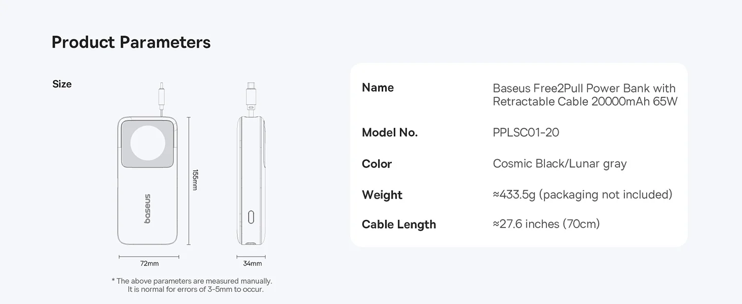 Baseus Free2Pull 20000mAh 65W Power Bank with Retractable USB-C Cable - Black - Thumbnail 26
