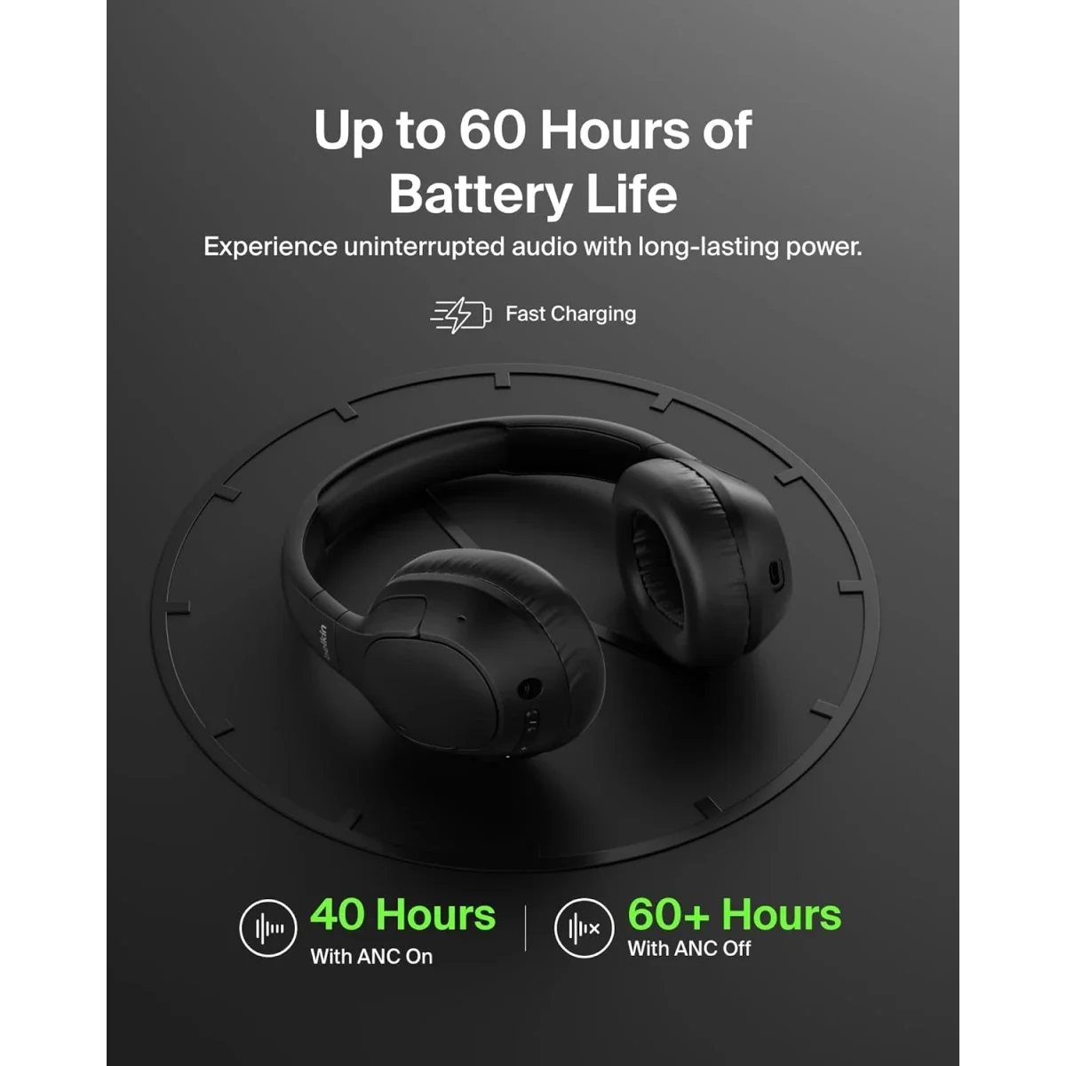 Belkin SoundForm Isolate Wireless Over-Ear ANC Headphones with Mic, Bluetooth 5.4, 60H Playtime, Black - Thumbnail 2