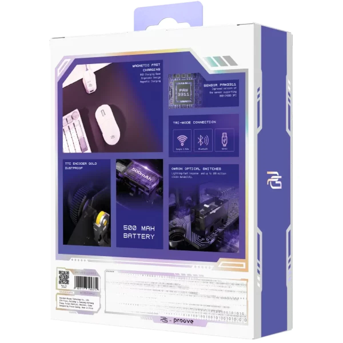 Proove Superfight Wireless Tri-Mode Gaming Mouse, 12000 DPI, Charging Dock, White/Purple - Thumbnail 9