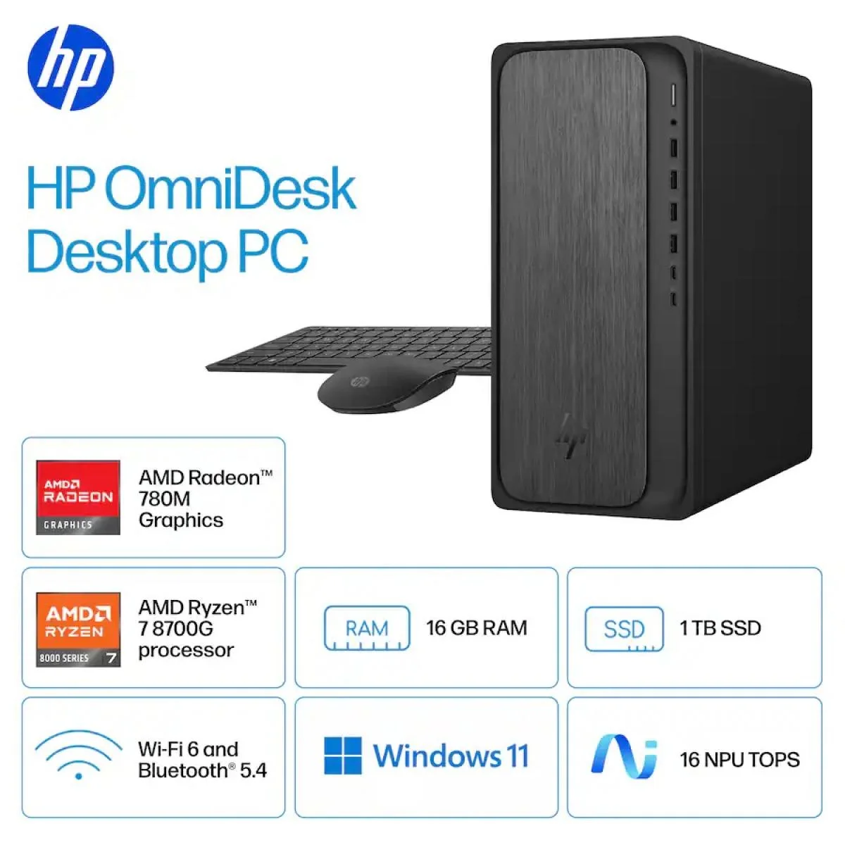 كمبيوتر مكتبي HP M02-0234 OmniDesk بمعالج Ryzen 7 8700G وذاكرة 16GB وتخزين 1TB SSD - Image 2