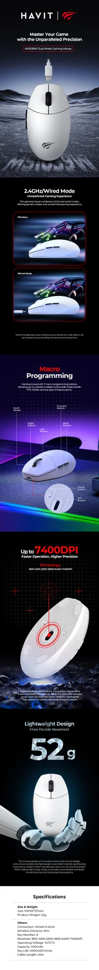 HAVIT MS1039W Dual-Mode Wireless Gaming Mouse, 52g, 7400 DPI - Thumbnail 2