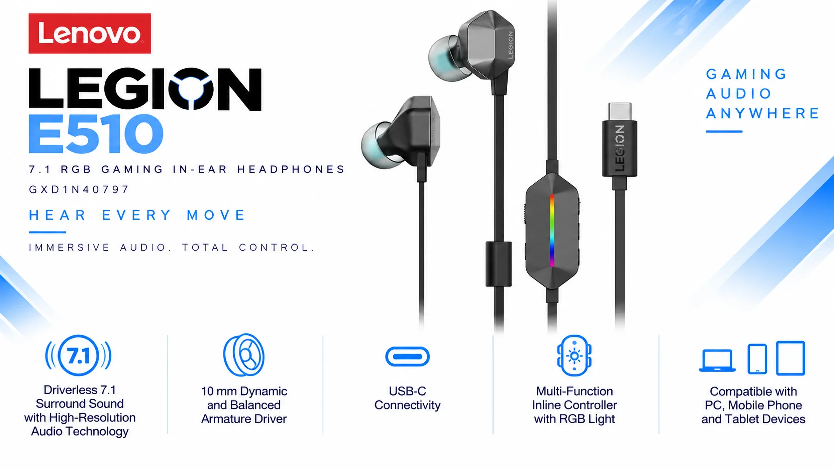 سماعات أذن للألعاب Lenovo Legion E510 RGB بمنفذ USB-C وصوت محيطي 7.1 وHi-Res ووحدة تحكم سلكية بإضاءة RGB للكمبيوتر والتابلت والهاتف - Image 8