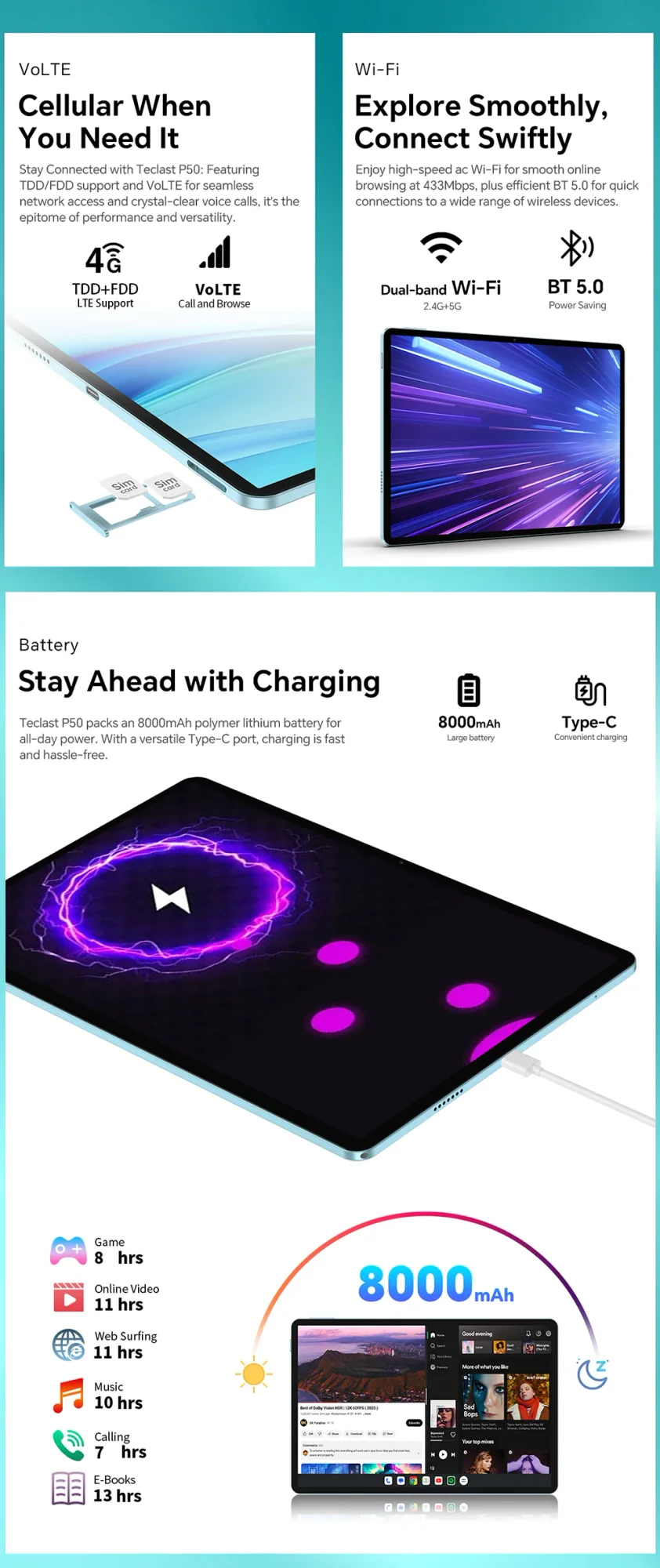 جهاز لوحي TECLAST P50 (2025) 11 إنش IPS بتردد 90Hz وأندرويد 15 وLTE، 8GB رام، 128GB، أزرق - Thumbnail 14