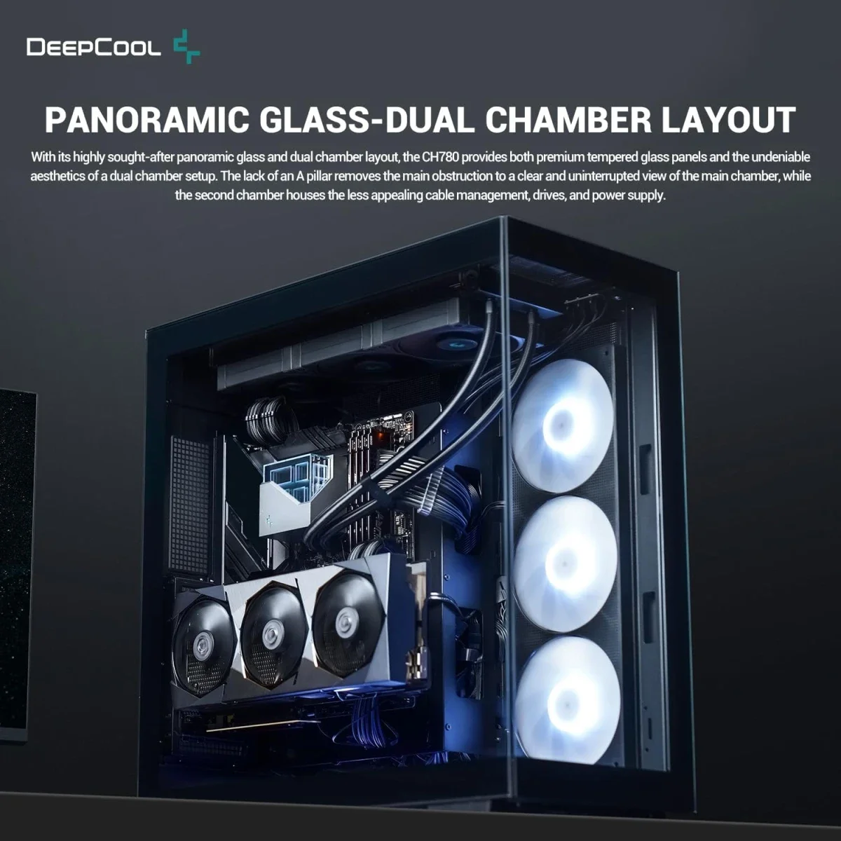 هيكل كمبيوتر DeepCool CH780 ATX+ بانورامي ثنائي الحجرة Full Tower مع كابل Riser Gen 4 و3 مراوح Trinity 140mm ARGB - أسود - Image 2