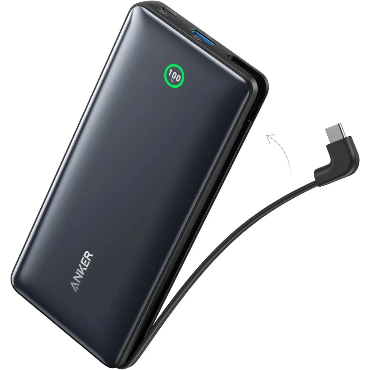 باور بانك Anker Nano بسعة 20000 مللي أمبير ساعة مع كابل USB-C مدمج وشحن سريع 30 واط وشاشة ذكية - أسود
