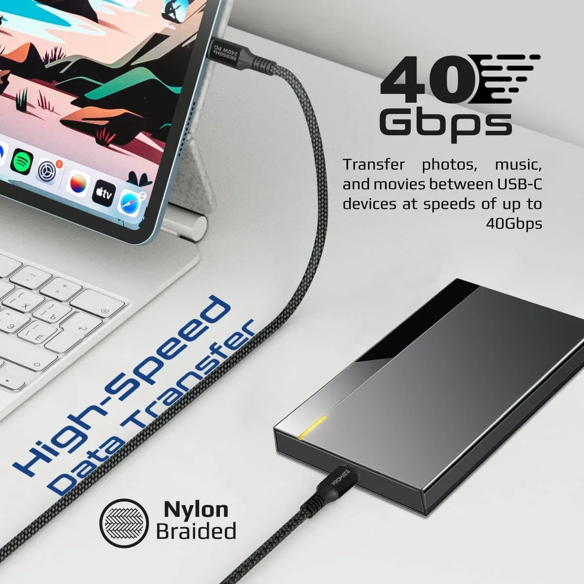 كابل USB-C من Promate PowerBolt240-2M بقدرة 240W وثاندربولت 3 بسرعة 40Gbps ودقة 8K بطول 2 متر - أسود - Image 3