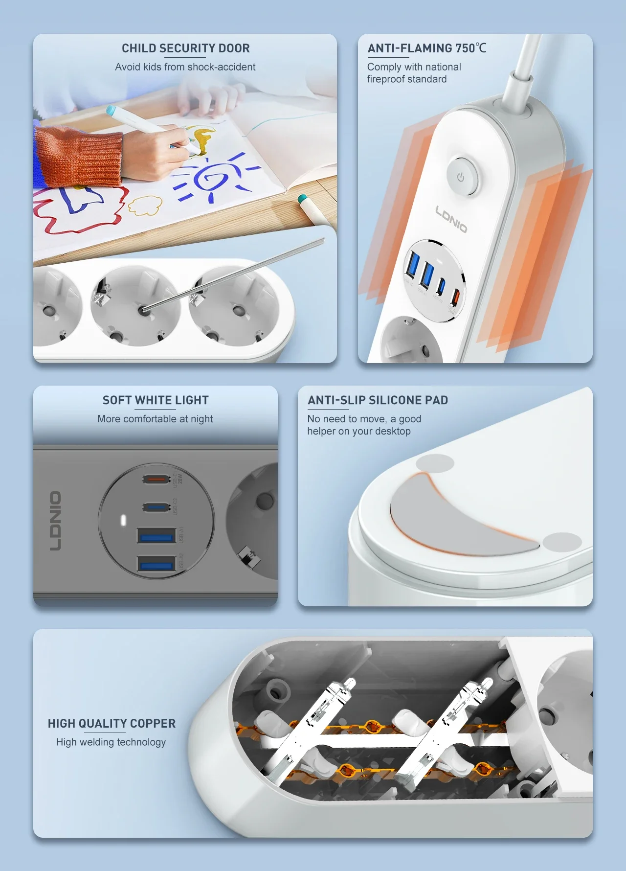 LDNIO SE1-C 20W PD Power Strip with 4 EU Outlets and 4 USB Ports - White - Thumbnail 14