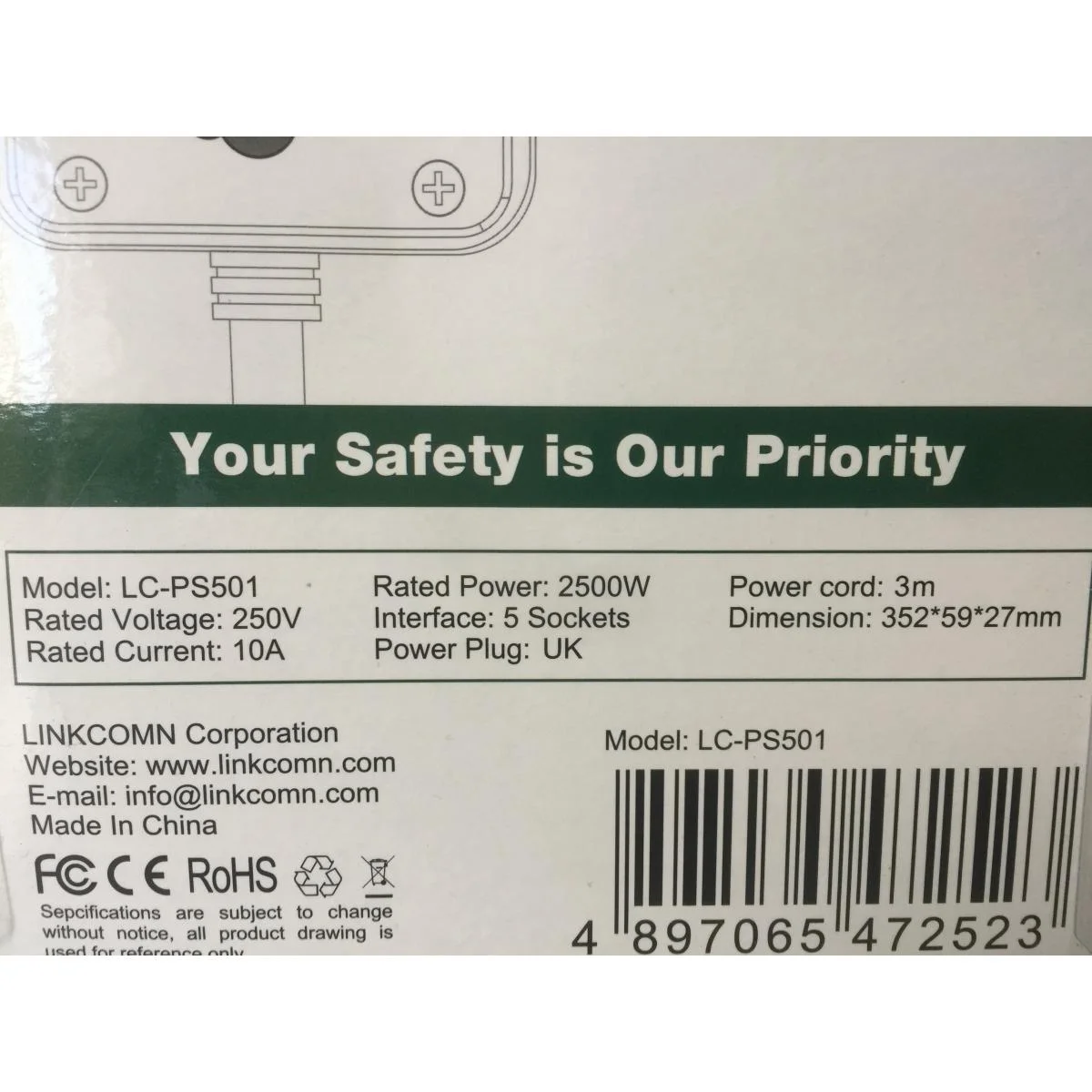 LINKCOMN LC-PS501 UK 5-Socket Power Strip, 3m - Image 2