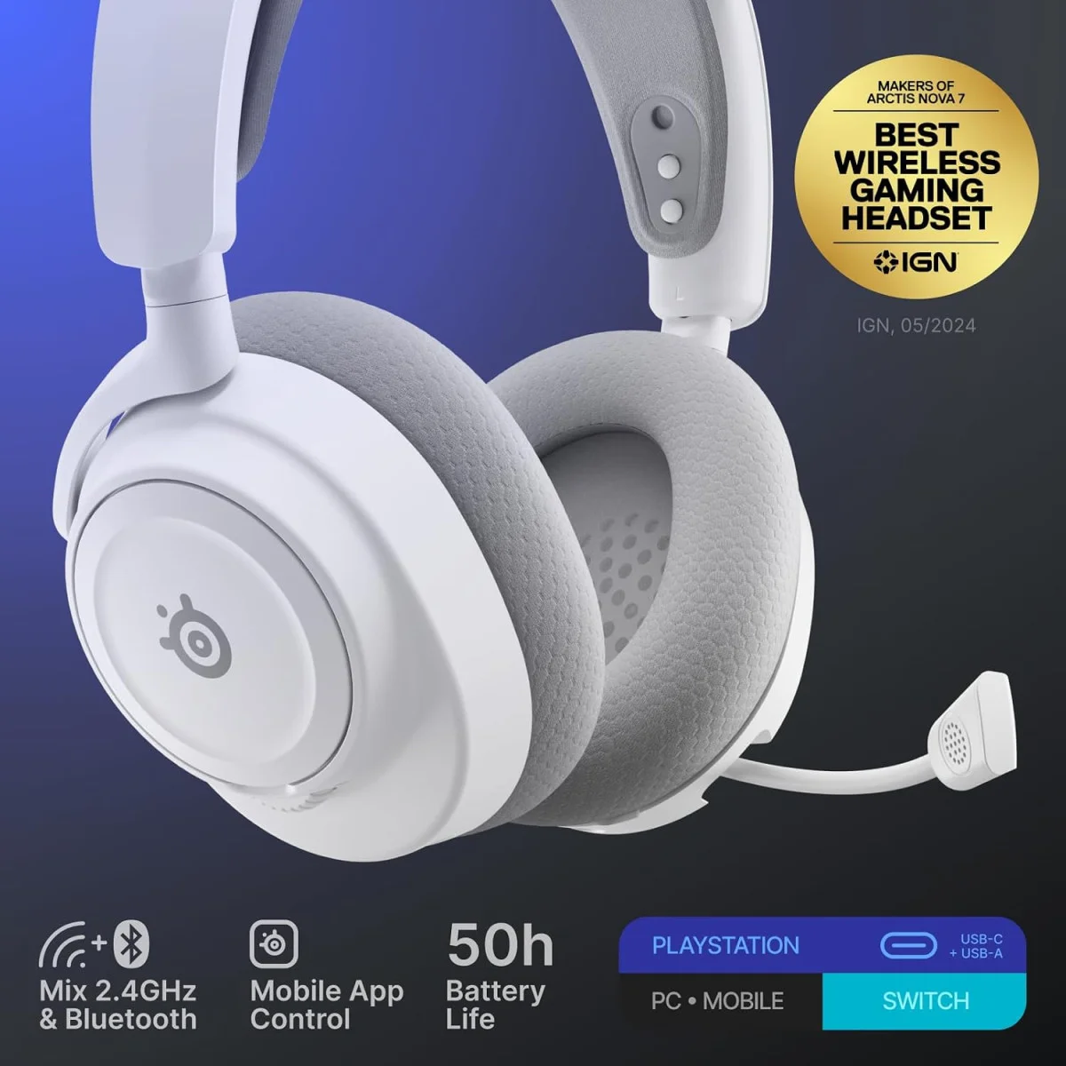 سماعة ألعاب SteelSeries Arctis Nova 7P Wireless Gen 2 لاسلكية بيضاء ببطارية 50+ ساعة - Image 4