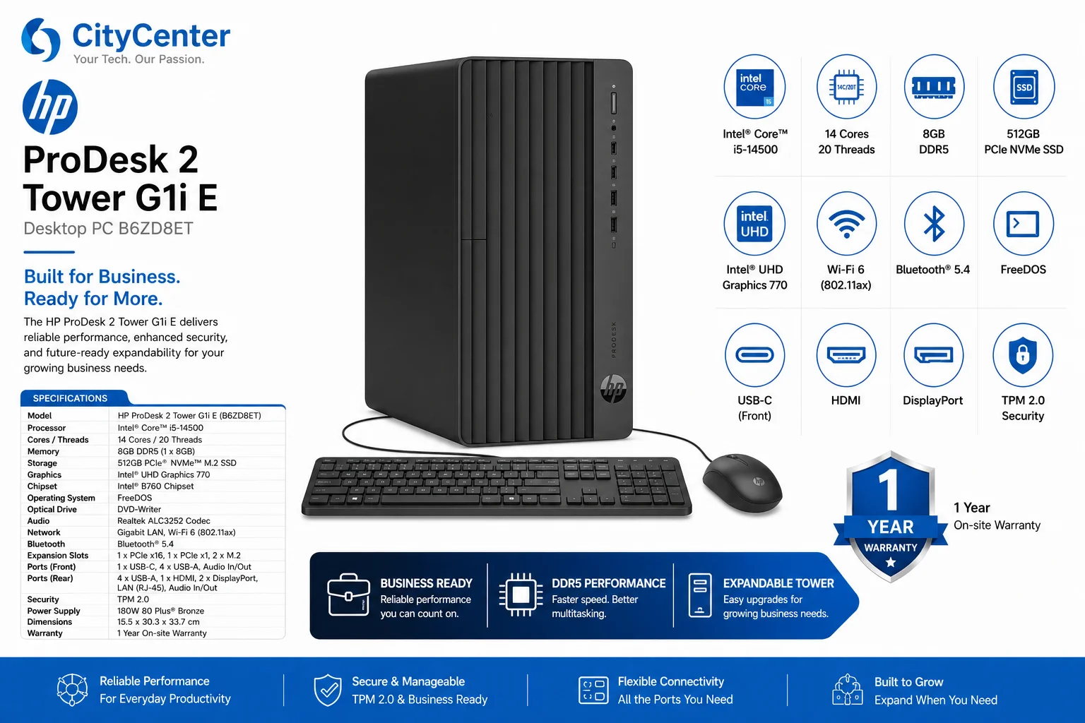 كمبيوتر مكتبي HP ProDesk 2 Tower G1i E Intel Core i5-14500 بذاكرة 8GB DDR5 و512GB SSD وFreeDOS B6ZD8ET - Image 3