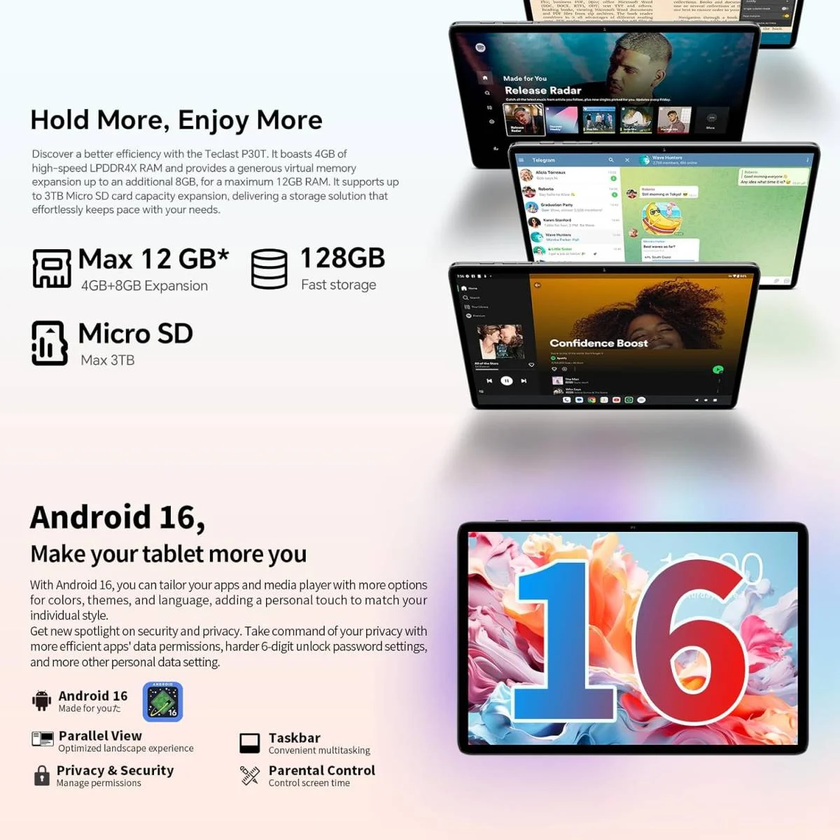 تابلت TECLAST P30T أندرويد 15 10.1 إنش، رام 12GB، سعة 128GB، معالج ثماني النواة 2GHz، بطارية 6000mAh، طقم 10 إكسسوارات - Image 4