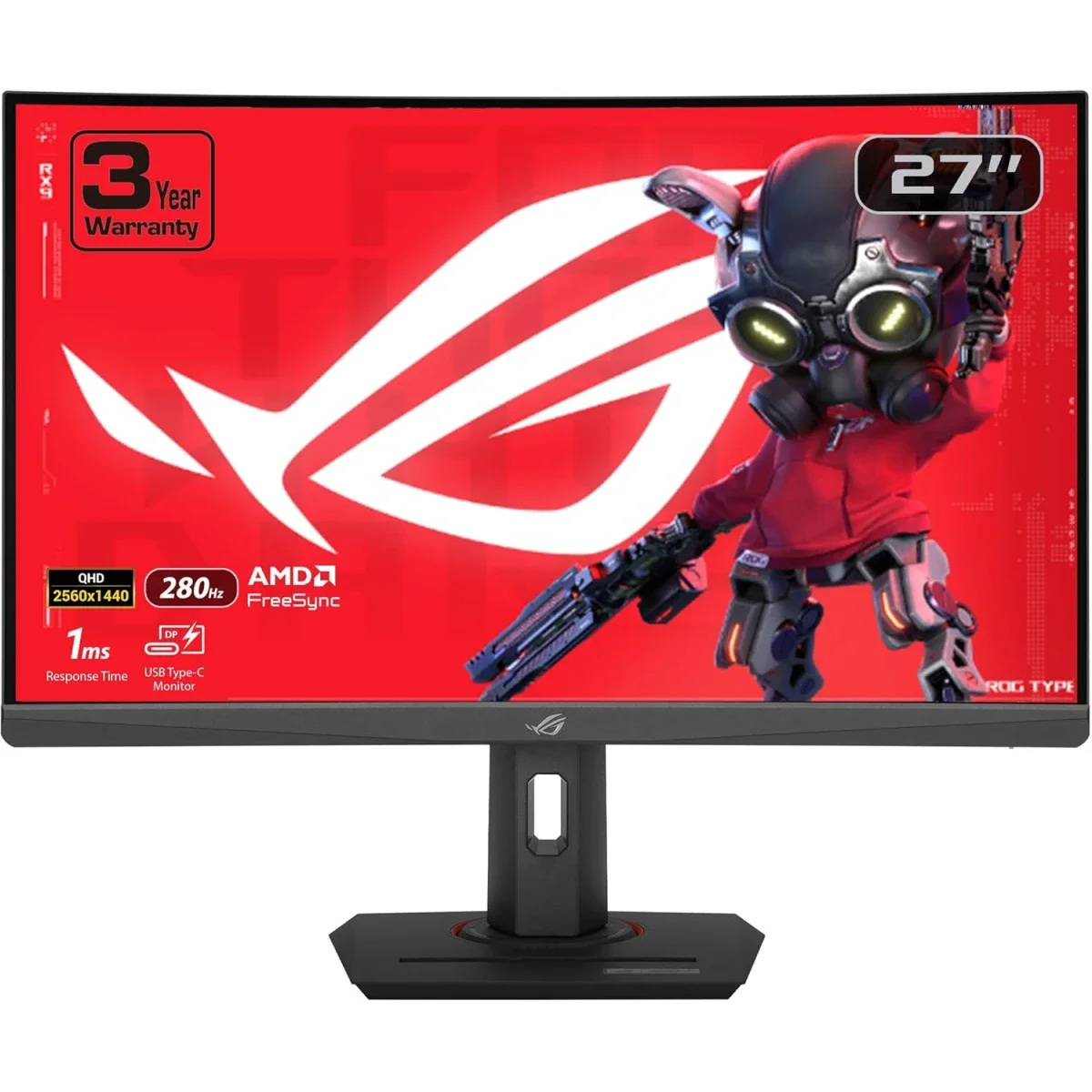شاشة Asus ROG Strix XG27WCMS للألعاب 27 إنش منحنية QHD، 280 هرتز، 1 مللي ثانية، USB-C