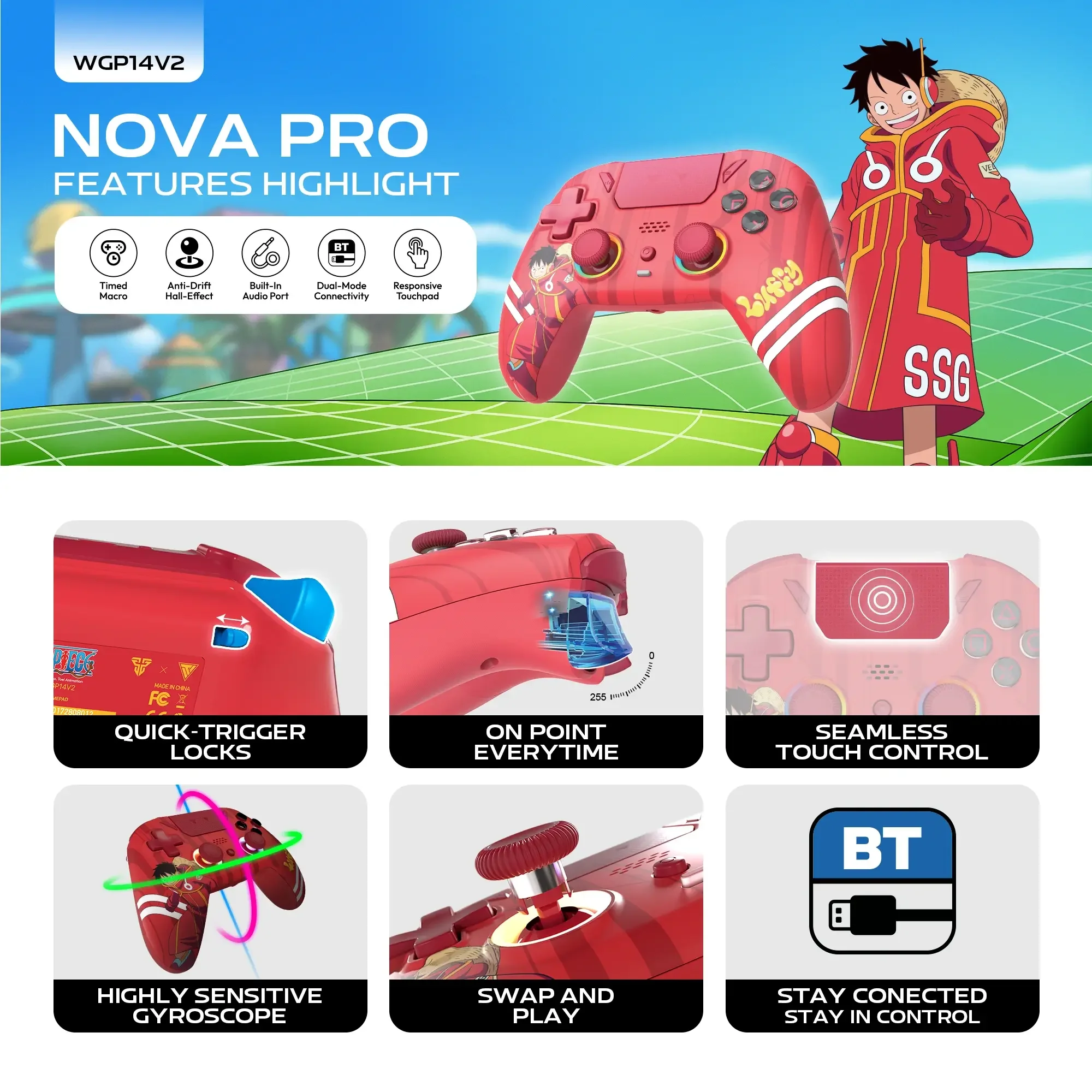 يد تحكم ألعاب Fantech NOVA PRO WGP14V2 متعددة المنصات إصدار One Piece Monkey D. Luffy Egghead - Thumbnail 6