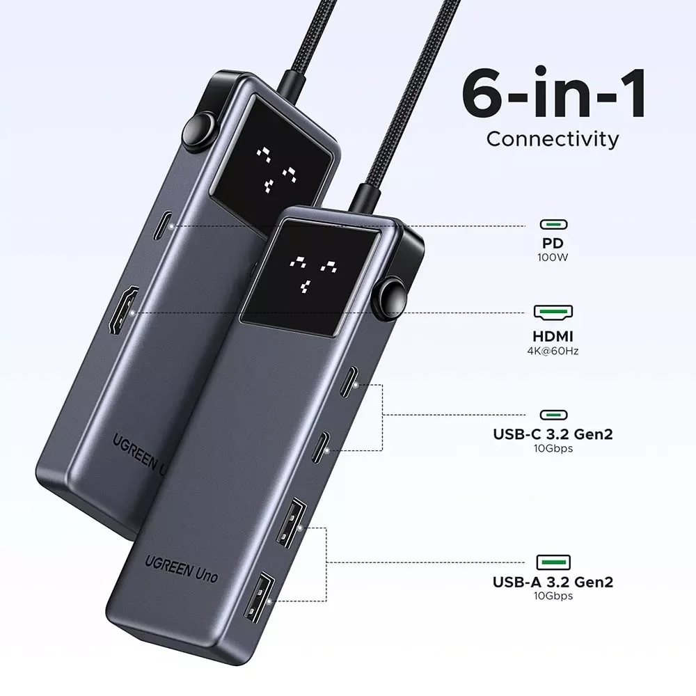 Ugreen UNO 35998 6-in-1 USB-C Hub, 4K@60Hz HDMI, 100W USB-C PD, 2x 10Gbps USB-C & 2x 10Gbps USB-A, LED Display - Thumbnail 3