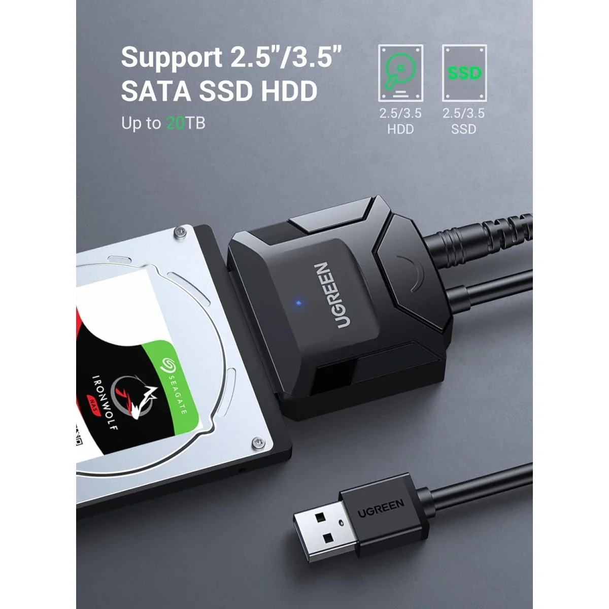 Ugreen 20611 USB 3.0 to SATA Converter Cable for 2.5/3.5-Inch HDD & SSD with EU Power Adapter - Thumbnail 2