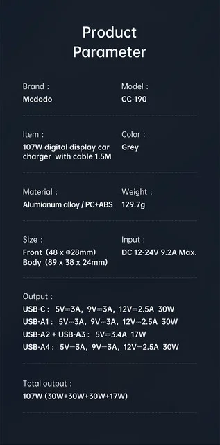 Mcdodo CC-1900 107W 4-Port USB & Type-C Car Charger with Digital Display - Thumbnail 21