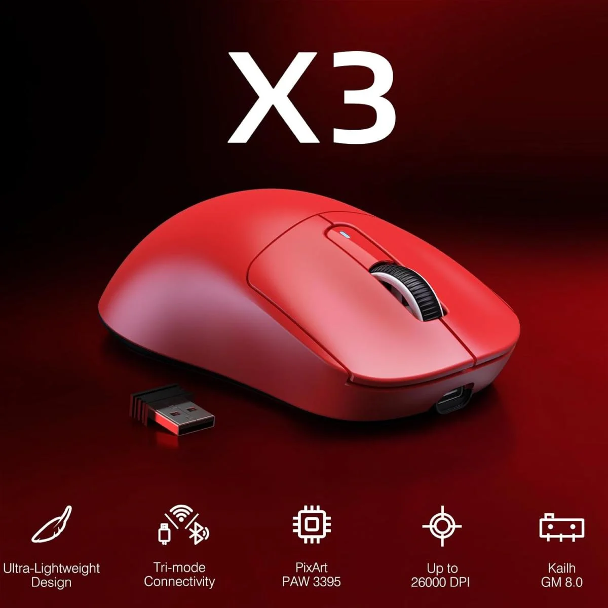 ATTACK SHARK X3 Wireless Gaming Mouse with PAW3395 Sensor, 26K DPI, Red - Thumbnail 3