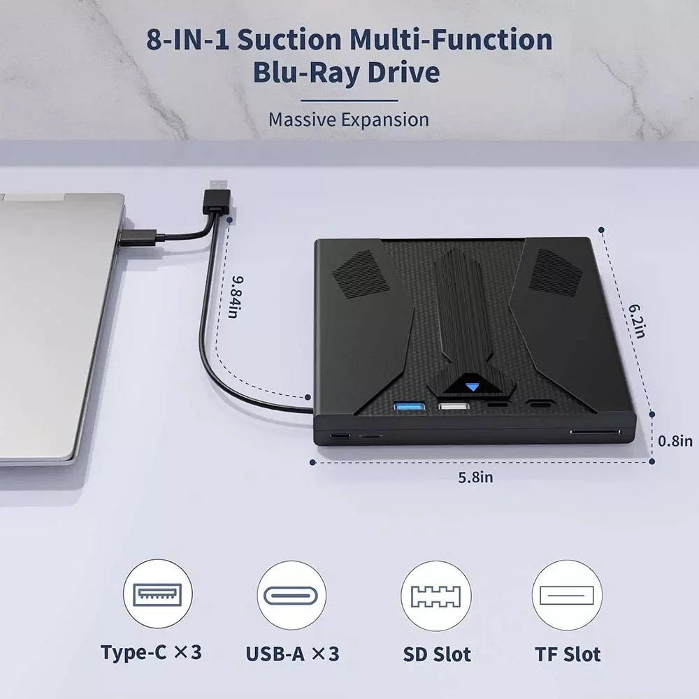 قارئ وناسخ أقراص Wbacon 31BA خارجي نحيف CD/DVD/Blu-ray بمنفذ USB 3.0 Type-C - Image 5
