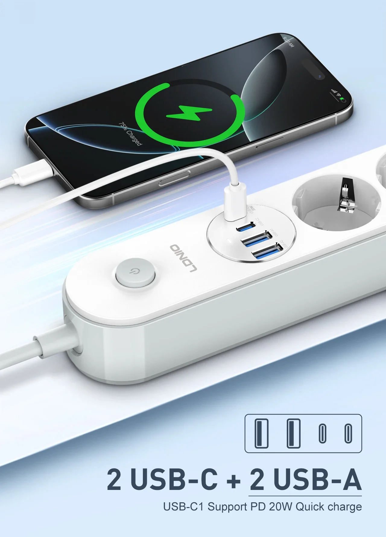 LDNIO SE1-C 20W PD Power Strip with 4 EU Outlets and 4 USB Ports - White - Thumbnail 10