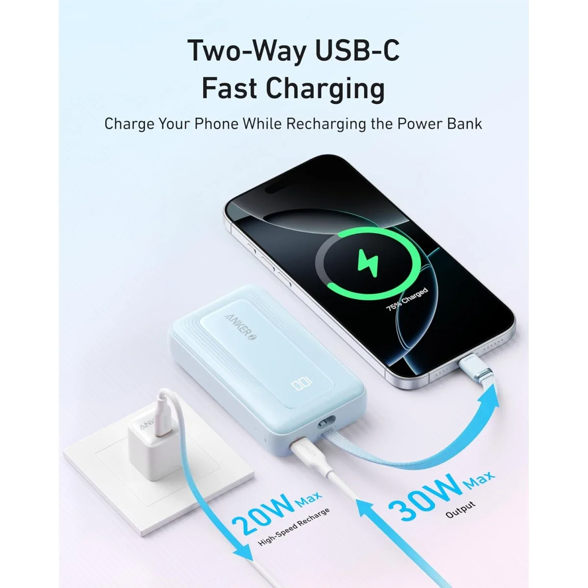 شاحن محمول Anker A1688 Zolo بسعة 10000mAh وقدرة 30W مع كابل USB-C مدمج - أبيض - Thumbnail 4
