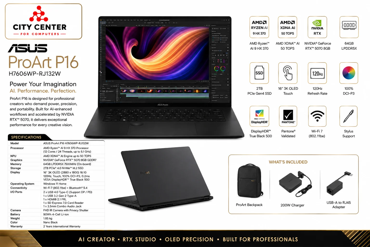 Asus ProArt P16 H7606WP-RJ132W Creator Laptop 16-Inch 3K OLED Touch 120Hz Ryzen AI 9 HX 370 RTX 5070 64GB RAM 2TB SSD - Thumbnail 15