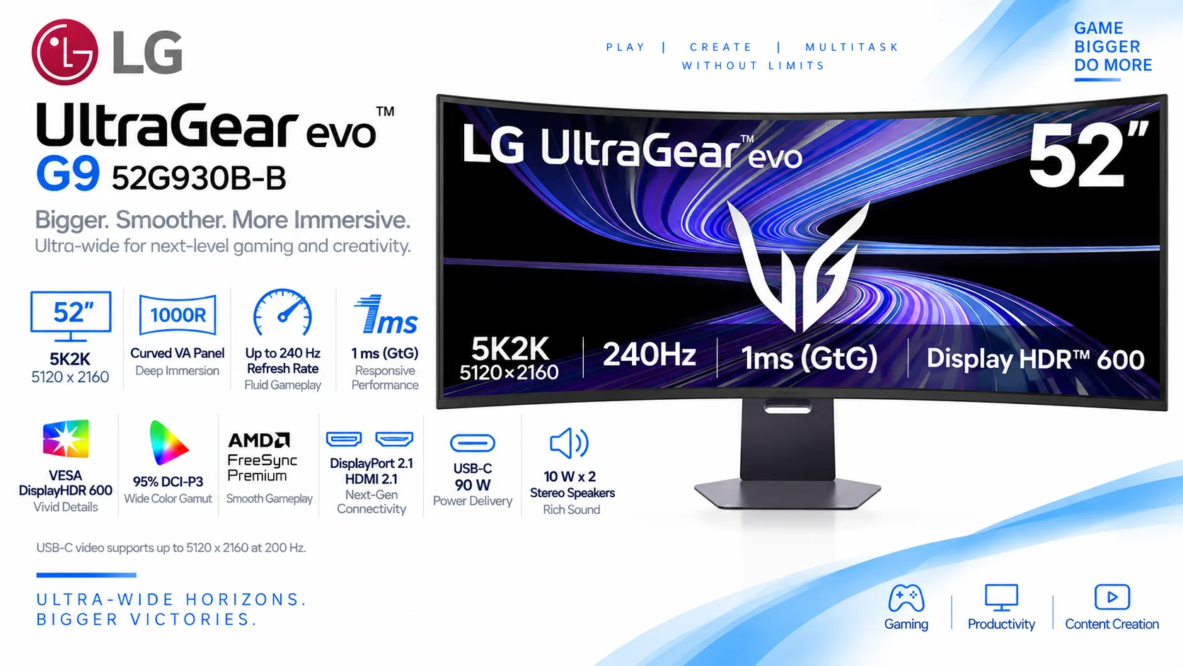 شاشة ألعاب LG 52G930B-B UltraGear evo G9 مقاس 52 إنش 5K بتردد 240 هرتز واستجابة 1 مللي ثانية، منحنية 1000R، FreeSync Premium، DisplayHDR 600، DP 2.1، HDMI 2.1، USB-C بقدرة 90 واط PD، حامل قابل للتعديل - Thumbnail 15