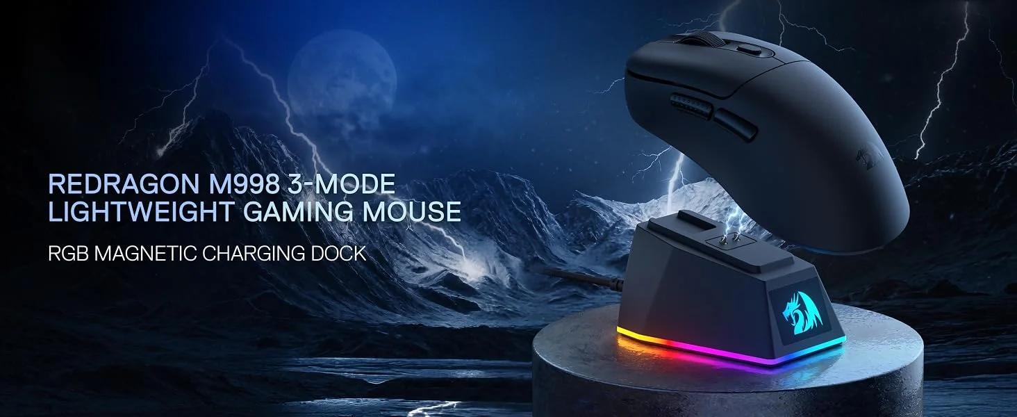 Redragon M998 Lightweight Tri-Mode Wireless Gaming Mouse with RGB Charging Dock, 24000 DPI, Black - Thumbnail 8