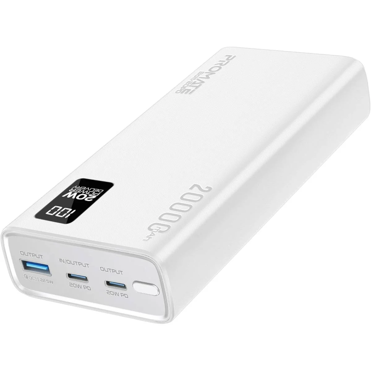 باور بانك Promate Bolt-20PD بسعة 20000mAh نحيف جداً مع USB-C PD 20W وQC 3.0 وشاشة LCD - أبيض - Image 2