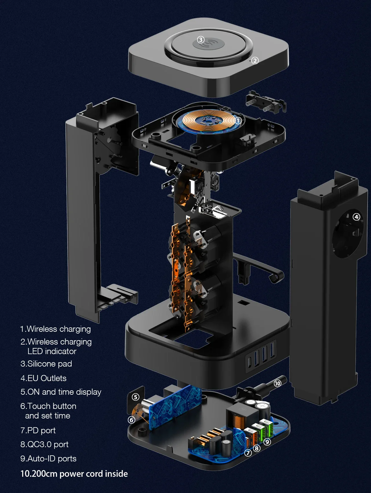 LDNIO SEW4485 2500W Tower Power Strip with 4 EU Sockets, 4 USB Ports & 15W Wireless Charger - Thumbnail 19