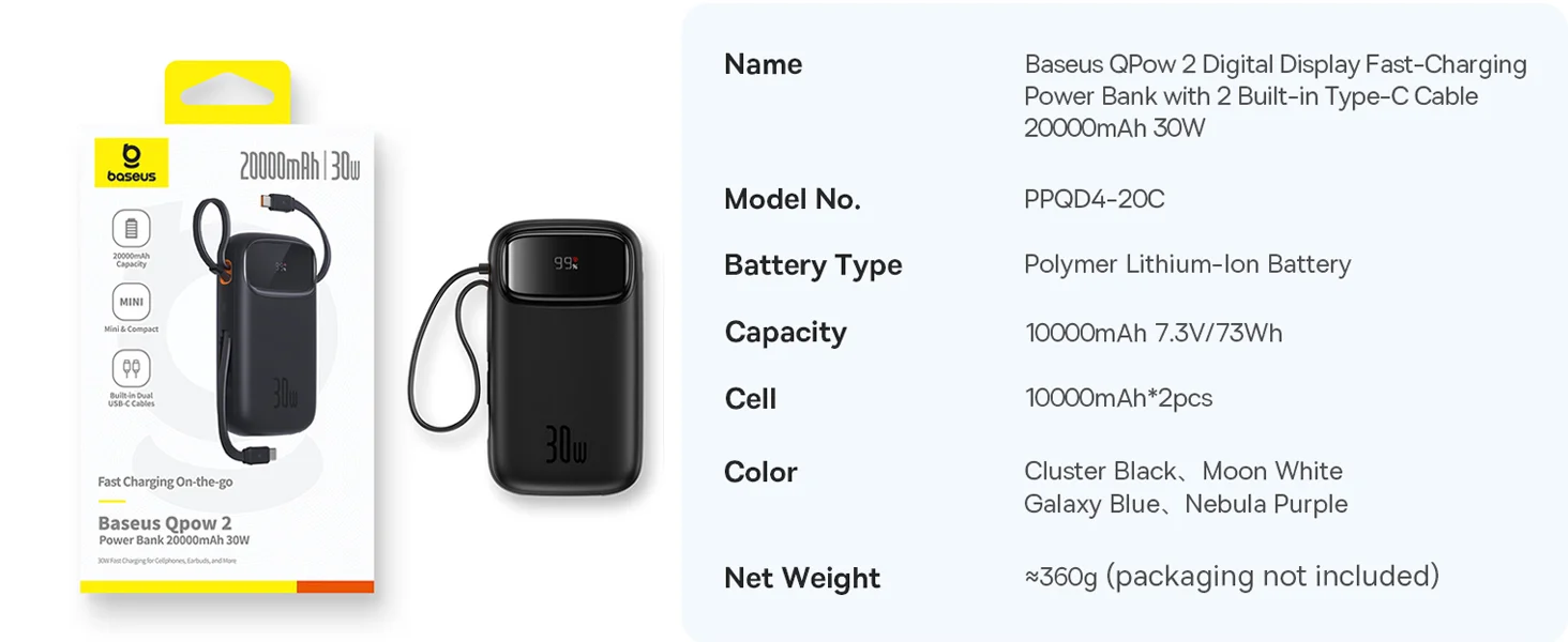 Baseus QPow2 20000mAh 30W Fast Charge Power Bank with Built-in Dual Type-C Cable - Black - Thumbnail 20