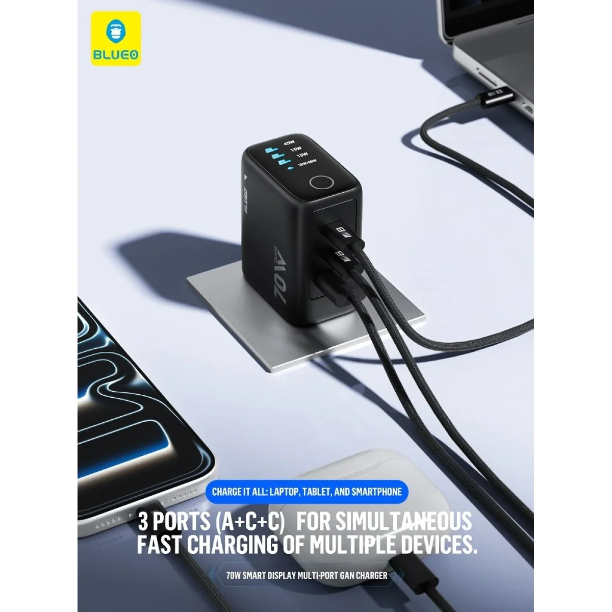 BLUEO Mr. Gorilla LC013 70W GaN 3-Port Smart Display Fast Charger EU Plug - Black - Image 4