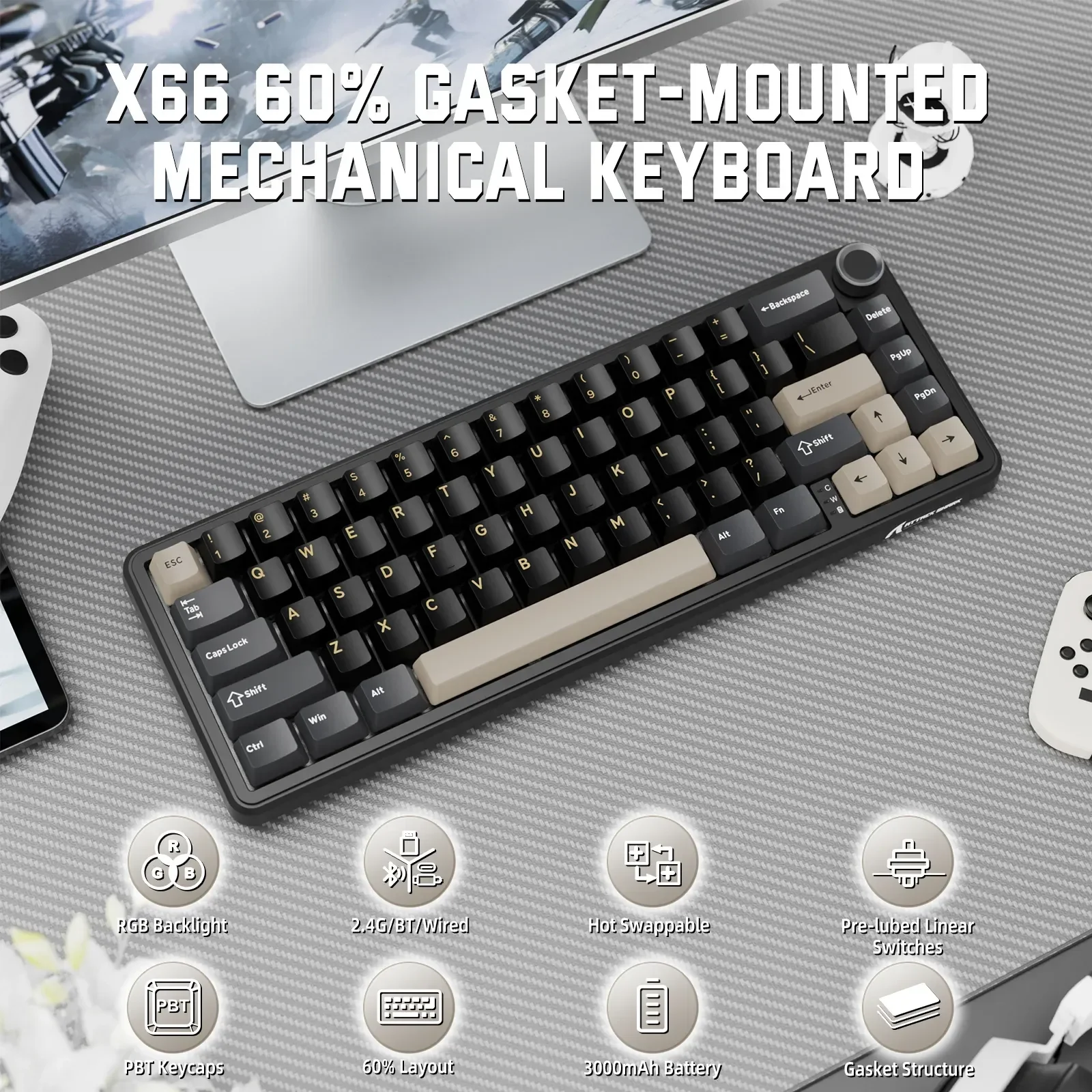 ATTACK SHARK X66 Wireless Mechanical Keyboard, Side-Printed PBT Keycaps, Blueberry Switches – Black - Image 2
