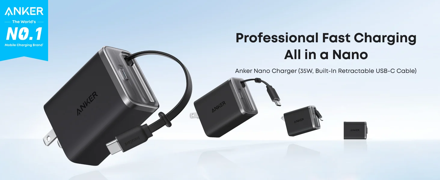 شاحن Anker A2658 Nano بقدرة 35 واط بمنفذي USB-C وكابل قابل للسحب - أسود - Thumbnail 7